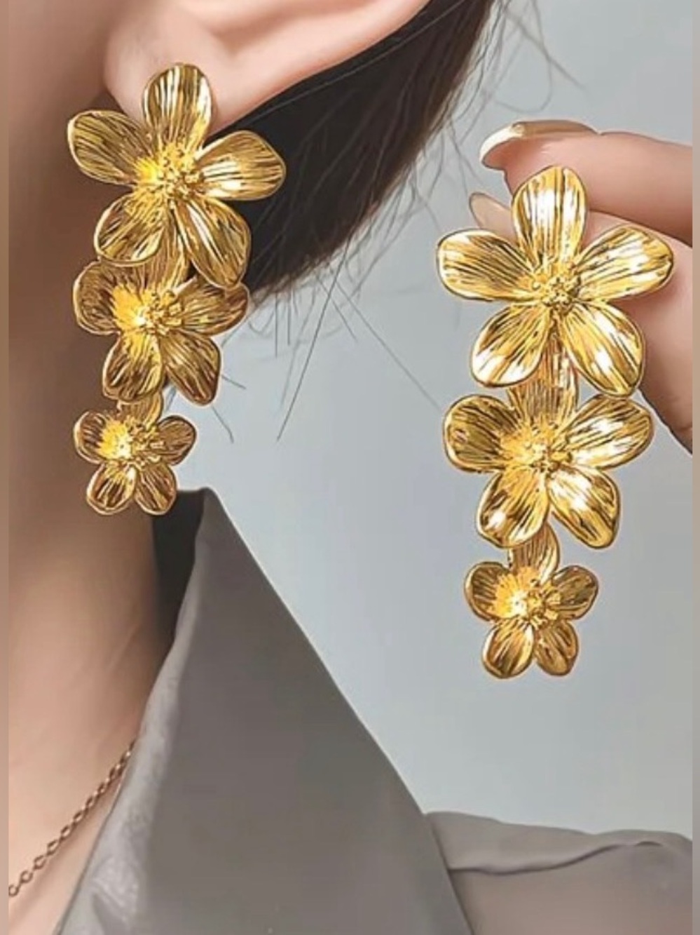 Zara Gold Triple Floral Drop Earrings
